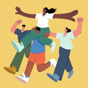 Illustrated image of one person being carried on shoulders of another, flanked by two others.